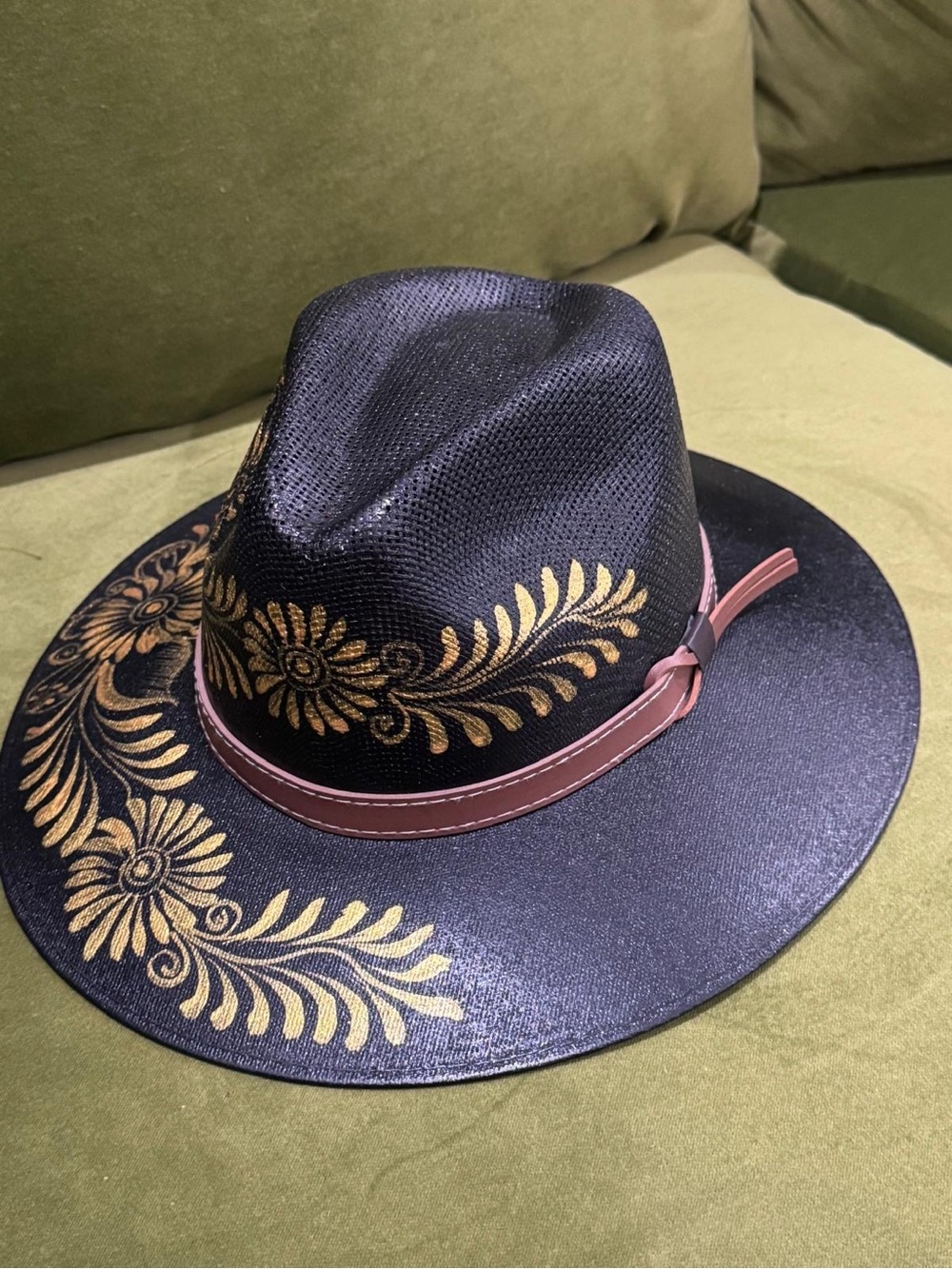 Hand Crafted Black Fedora with Gold Floral Accents and Brown Band - Picture 2 of 5